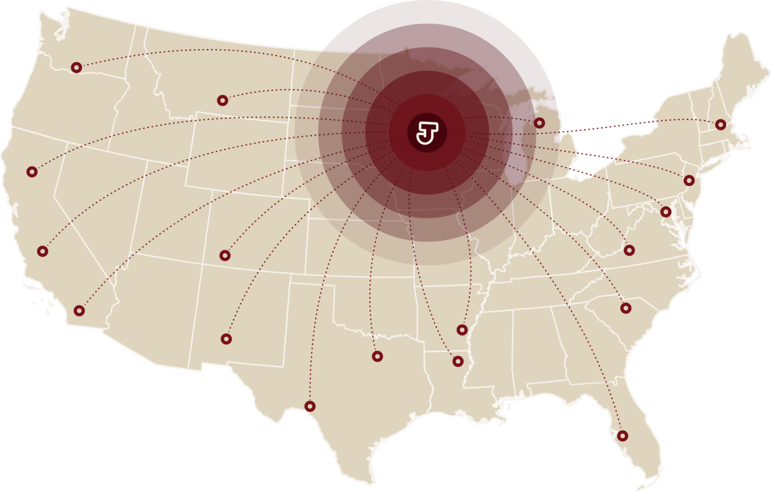 Map of the lower 48 states showing Jusczak reach from its Midwest base