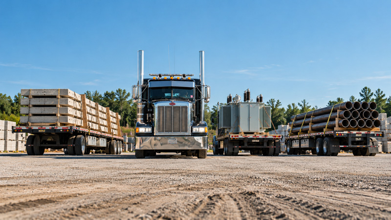 Truck next to trailers loaded with various indsutry-specific materials